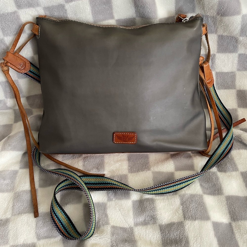 Gray Crossbody Shoulder Bag with Multicolor Strap